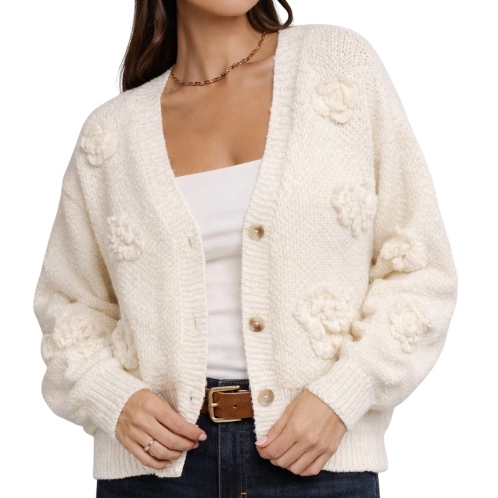 Original USA Ivory 3D Floral Cardigan Boucle Knit Cottage Core L/XL
